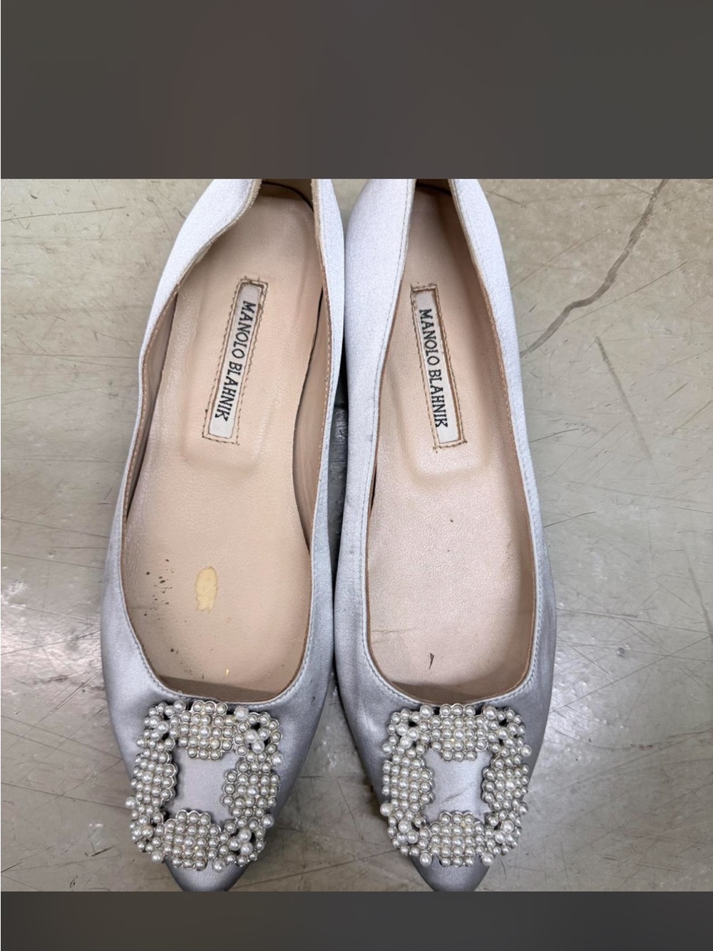 Manolo Blahnik Silver Satin Pointed-Toe Flats with Pearls